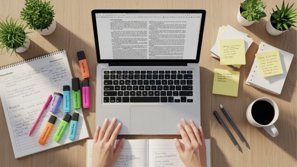 Visão superior de uma mesa de estudos organizada com notebook, caderno de anotações, canetas marca-texto coloridas, café e post-its.