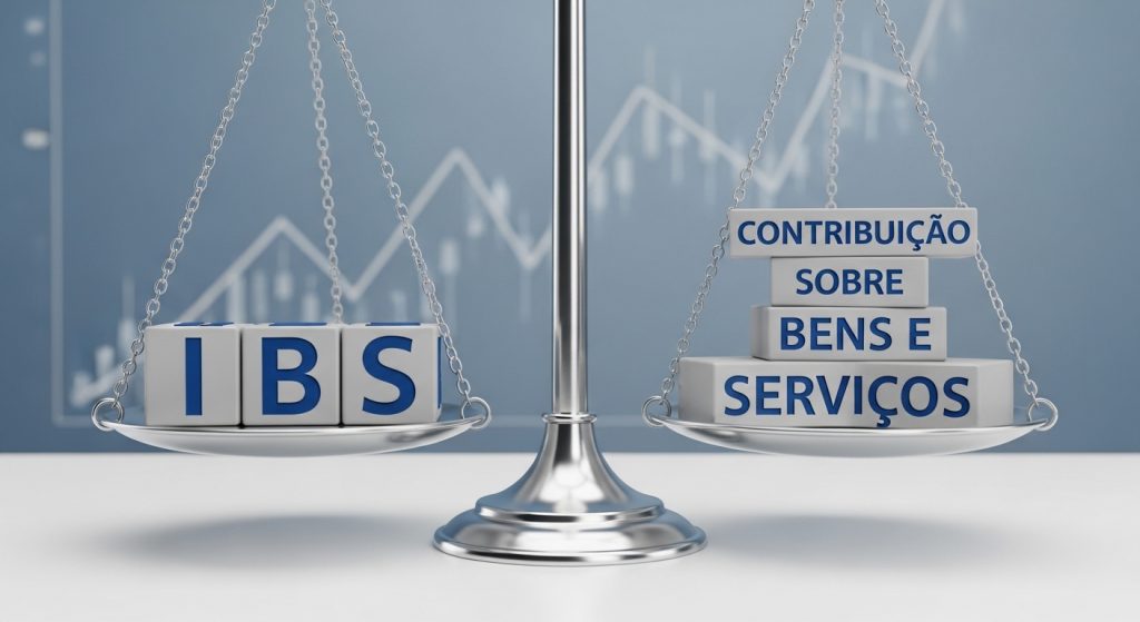 Balança da justiça equilibrando blocos com as siglas IBS (Imposto sobre Bens e Serviços) e CBS (Contribuição sobre Bens e Serviços), ilustrando a Reforma Tributária para a OAB.