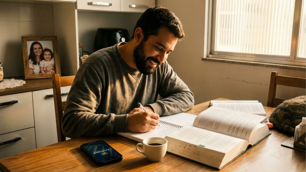 Uma foto em ângulo médio de um homem de barba, usando um suéter de tricô verde, sentado à mesa de madeira de uma cozinha residencial, sorrindo e escrevendo concentrado em um caderno em espiral. Ele está cercado por um grande livro de Direito aberto, caneta, uma xícara de café e um smartphone que exibe o logotipo do Jusbrasil na tela, em um ambiente banhado pela luz natural vinda de uma janela à direita. Ao fundo, desfocada, há uma cozinha com armários brancos e um porta-retratos com a foto de uma mulher e uma criança.