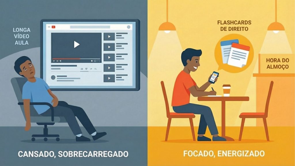 Uma ilustração de painel duplo comparando dois métodos de estudo. O painel esquerdo tem um fundo azul acinzentado frio e mostra um estudante negro de camiseta azul, visivelmente cansado e desanimado, sentado em uma cadeira de escritório diante de um grande monitor que exibe uma interface de vídeo tipo YouTube com a legenda "LONGA VÍDEO AULA". O texto inferior diz "CANSADO, SOBRECARREGADO". O painel direito tem um fundo amarelo quente e brilhante, mostrando o mesmo estudante de camiseta laranja, focado e sorridente, sentado a uma mesa de café sob duas luminárias pendentes, estudando em seu smartphone com um copo de café ao lado. Acima dele, um balão de pensamento exibe dois flashcards flutuantes com o texto "FLASHCARDS DE DIREITO" e "HORA DO ALMOÇO" ao lado. O texto inferior diz "FOCADO, ENERGIZADO".