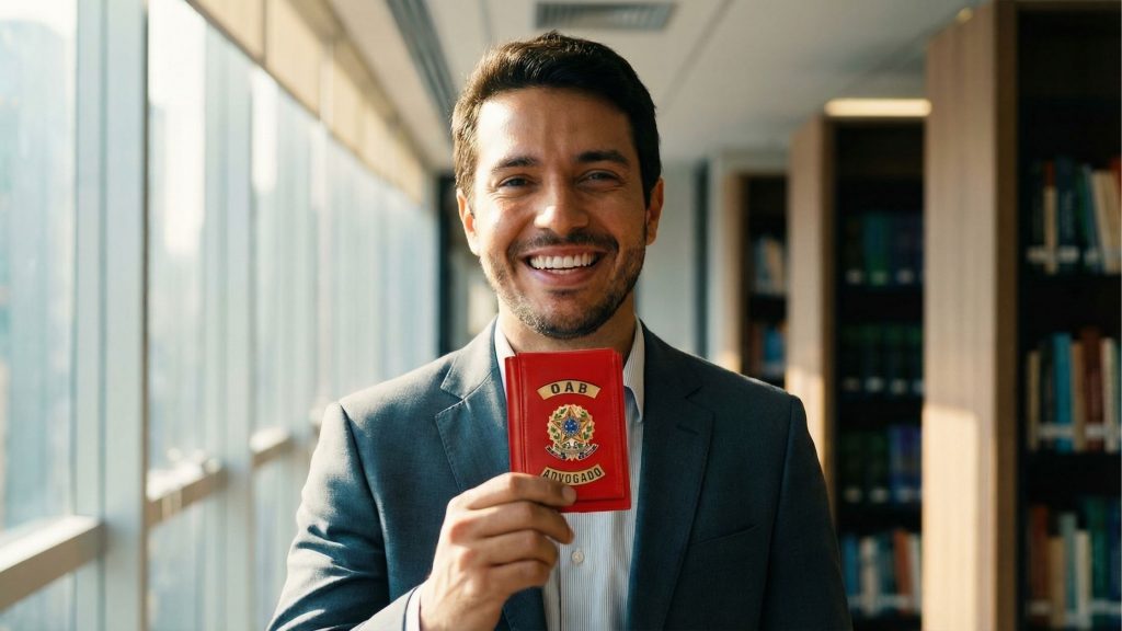 Um homem de cabelos escuros e barba, vestindo um blazer cinza, está em pé em um escritório moderno. Ele olha para a câmera e dá um sorriso largo e radiante, segurando com orgulho uma carteira de identidade da OAB (Ordem dos Advogados do Brasil) vermelha e fechada. O fundo é composto por grandes janelas de vidro do chão ao teto que mostram a vista da cidade e estantes de livros desfocadas, com a luz do sol entrando no ambiente.