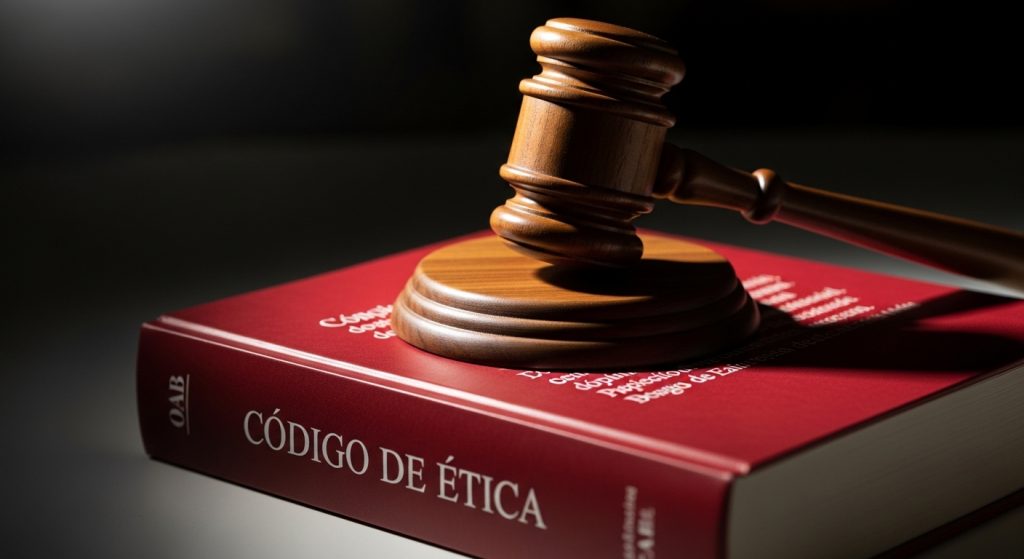 Livro vermelho do Código de Ética da OAB com martelo de juiz de madeira (malhete) em cima, representando o Exame de Ordem 2026.