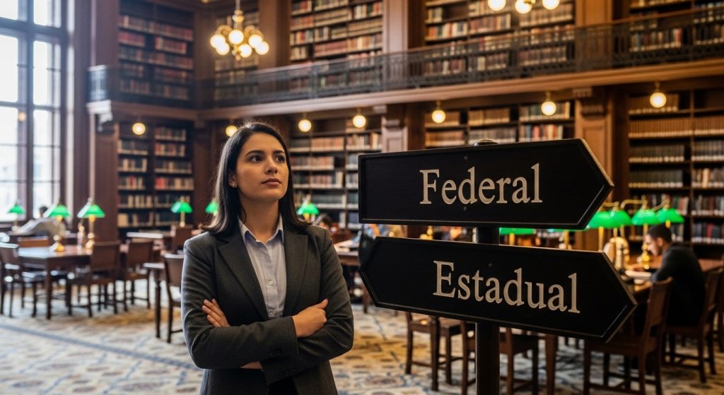 Mulher com traje formal em uma biblioteca jurídica clássica, olhando para uma placa de sinalização com as direções "Federal" e "Estadual", simbolizando a dúvida entre carreiras de Procurador.