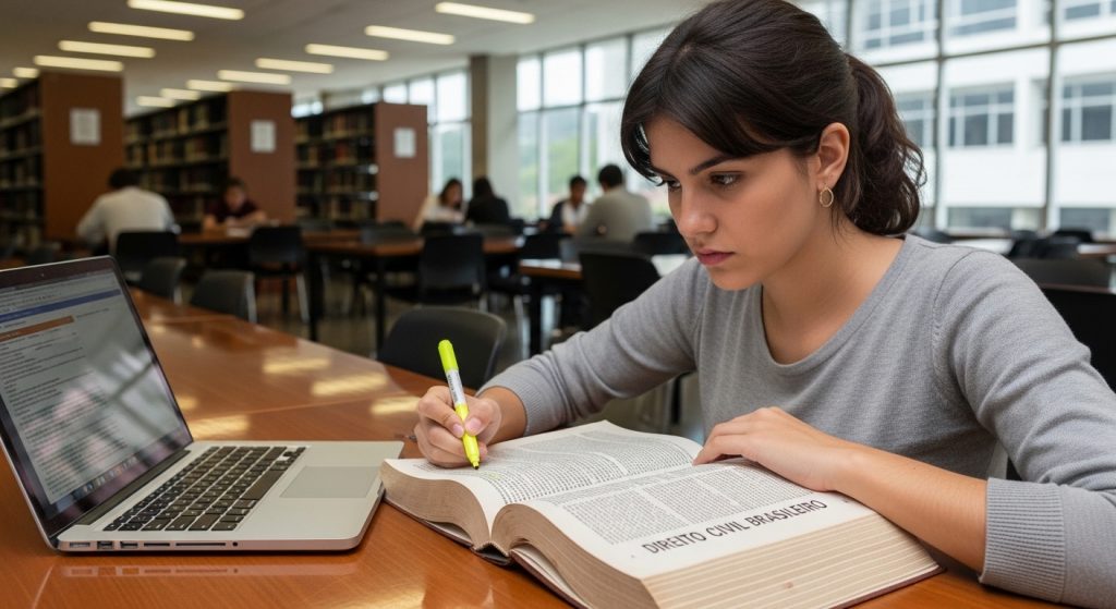 Estudante de Direito em uma biblioteca universitária destacando um livro de Direito Civil Brasileiro com marcador de texto amarelo, ao lado de um notebook aberto.