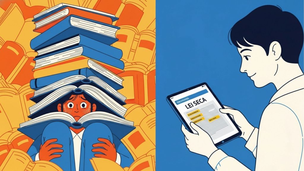 Ilustração dividida comparando o estudo ineficiente sob uma pilha esmagadora de livros versus o estudo digital focado em "Lei Seca" em um tablet.