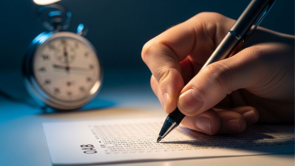 Close de uma mão segurando uma caneta e preenchendo o gabarito de uma prova da OAB, com um relógio despertador desfocado ao fundo simbolizando o tempo de exame.