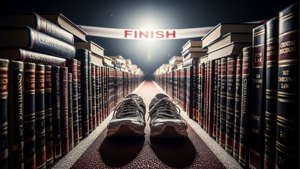 Imagem conceitual de uma pista de corrida interna cujas "paredes" laterais são formadas por estantes infinitas de livros jurídicos. No ponto de partida da pista, há um par de tênis de corrida brancos voltados para a linha de chegada ao fundo, onde brilha uma luz intensa sob uma faixa com a palavra "FINISH" (Fim). Representa a jornada final do estudante.