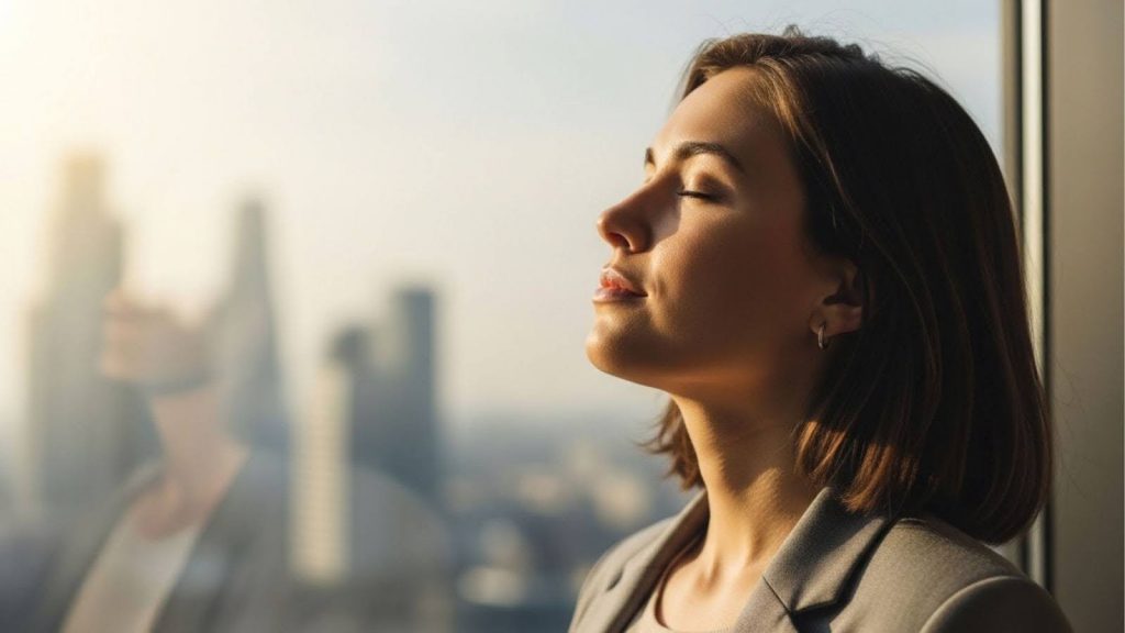 Close lateral de uma mulher com os olhos fechados e expressão serena, recebendo a luz suave do sol no rosto. Ao fundo, uma paisagem urbana de prédios embaçada sugere um momento de pausa e controle emocional durante a rotina exaustiva de estudos.
