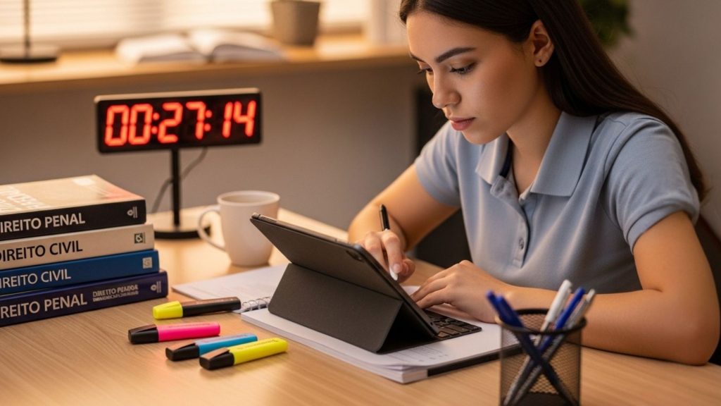 Foto de uma estudante concentrada utilizando um tablet e uma caneta digital em sua mesa de estudos. Ao lado, há uma pilha de livros jurídicos com os títulos "DIREITO PENAL" e "DIREITO CIVIL" visíveis. Um cronômetro digital vermelho ao fundo marca "00:27:14", indicando o controle do tempo de estudo, com marcadores de texto coloridos organizados à frente.