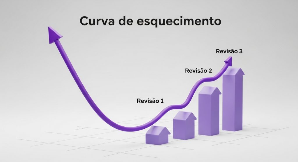 Infográfico 3D sobre fundo cinza claro intitulado "Curva de esquecimento". Uma linha roxa com uma seta sobe e desce em ondas sobre um gráfico. À medida que a linha avança para a direita, ela passa por três colunas crescentes rotuladas como "Revisão 1", "Revisão 2" e "Revisão 3", ilustrando como a memória é reforçada e retida por mais tempo após cada sessão de revisão.