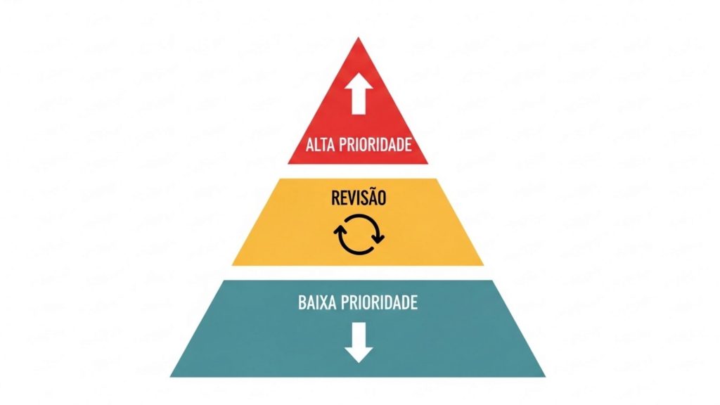 Infográfico em formato de pirâmide colorida dividida em três níveis: "Alta Prioridade" no topo vermelho, "Revisão" com ícone de ciclo no centro amarelo, e "Baixa Prioridade" na base azul. Ideal para ilustrar a organização de temas após realizar simulados.