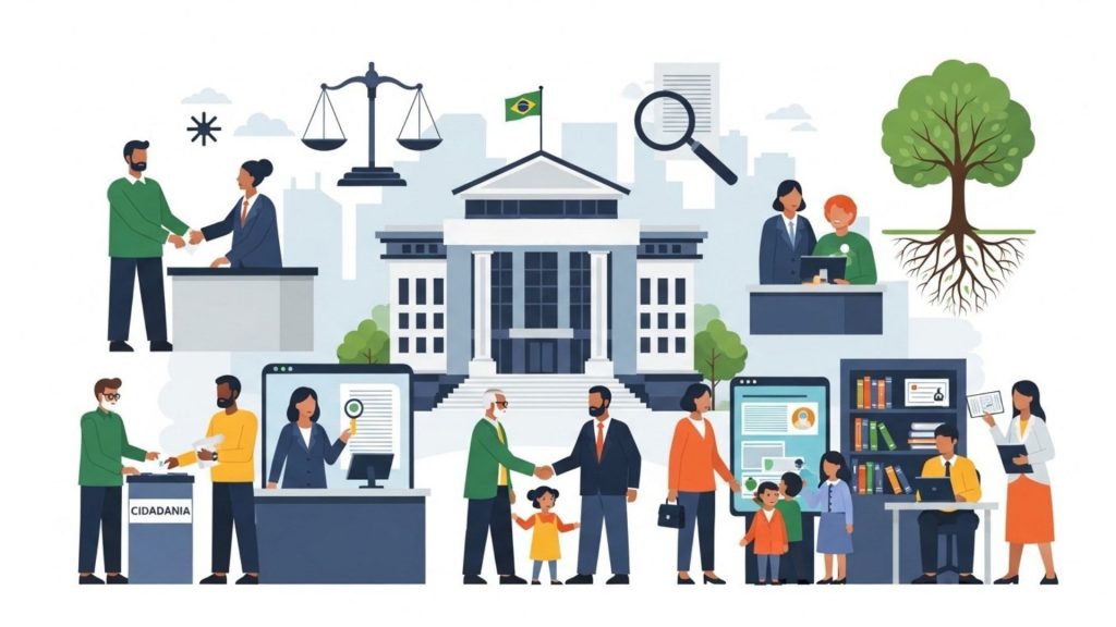 Ilustração estilo flat design representando diversos aspectos da vida em sociedade ao redor de um prédio público central com a bandeira do Brasil. Vê-se ícones da balança da justiça, educação, meio ambiente (árvore), tecnologia e pessoas de diferentes idades e etnias interagindo, simbolizando a interdisciplinaridade dos temas transversais como cidadania e direitos humanos.