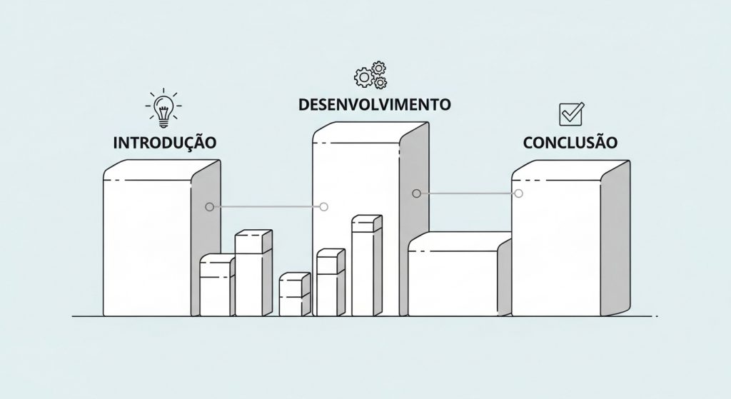 Infográfico minimalista em preto e branco mostrando a estrutura de um texto dissertativo representada por blocos geométricos. Os três blocos principais estão conectados por linhas e rotulados como "INTRODUÇÃO" (com ícone de lâmpada), "DESENVOLVIMENTO" (com ícone de engrenagens) e "CONCLUSÃO" (com ícone de check), indicando a progressão lógica do texto.