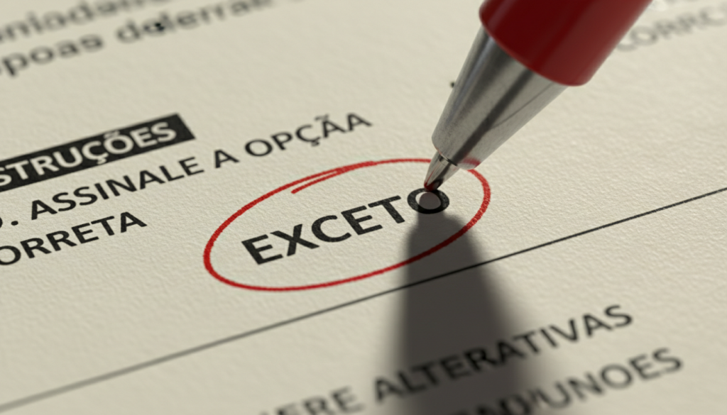 lose de uma caneta vermelha circulando a palavra "EXCETO" em letras maiúsculas em uma prova ou documento oficial com instruções em português.