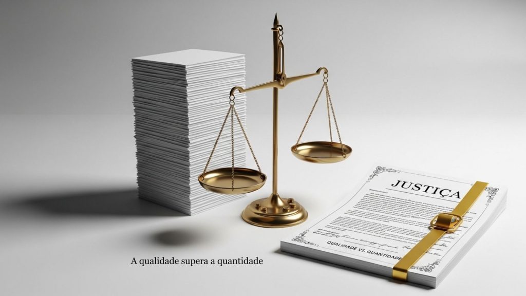 Representação visual de qualidade versus quantidade em concursos: uma balança dourada equilibrando uma pilha alta de papéis contra um documento oficial de justiça bem organizado.