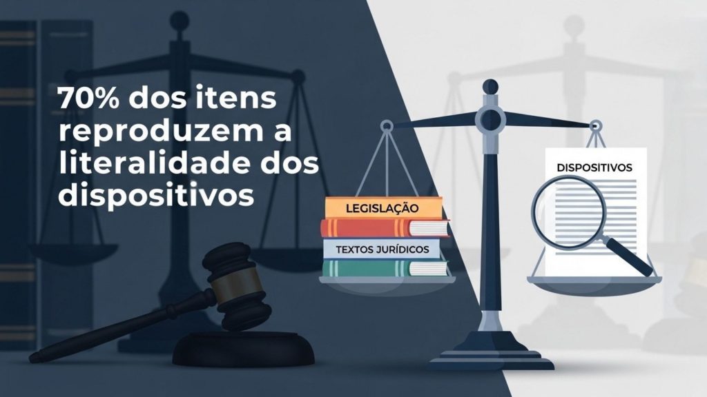 Infográfico sobre bancas de concurso indicando que 70% dos itens reproduzem a literalidade da lei, com ilustrações de livros de legislação, uma balança da justiça e um martelo de juiz.