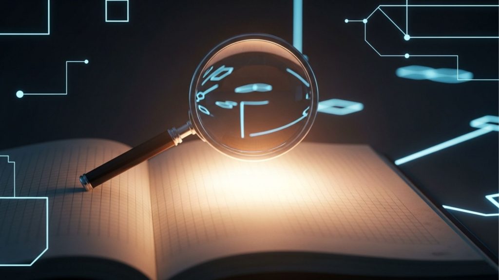 Imagem conceitual com fundo escuro mostrando um caderno com pautas quadriculadas aberto. Acima dele, flutua uma lupa clássica com cabo de madeira. Do centro da lupa emana uma luz quente e brilhante que ilumina as páginas do caderno. Ao redor, espalhados pelo fundo escuro, há elementos gráficos brilhantes em azul neon, semelhantes a linhas de circuitos digitais e nós de conexão, simbolizando análise profunda, tecnologia e investigação detalhada.