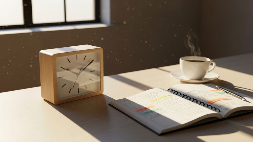 Fotografia de uma mesa de estudos de madeira iluminada pela luz do sol matinal. Sobre a mesa, há um relógio analógico quadrado de madeira clara, um caderno aberto com anotações manuscritas e trechos destacados com marcadores coloridos, uma caneta escura apoiada no caderno e uma xícara de café branca em um pires, com fumaça subindo. Partículas de poeira flutuam suavemente no feixe de luz que entra pela janela ao fundo, transmitindo uma atmosfera de foco e tranquilidade.