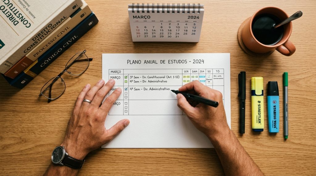 Visão aérea de uma mesa de estudos com um plano anual de 2024 focado em Direito Constitucional e Administrativo. Inclui livros de Direito Civil, óculos, canetas marca-texto e um calendário de março.