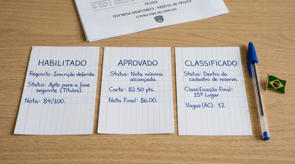 Três fichas pautadas detalhando as etapas de um concurso público: Habilitado (nota 84/100), Aprovado (nota final 86.00) e Classificado (15º lugar no cadastro de reserva). Inclui uma caneta azul e um pin da bandeira do Brasil.