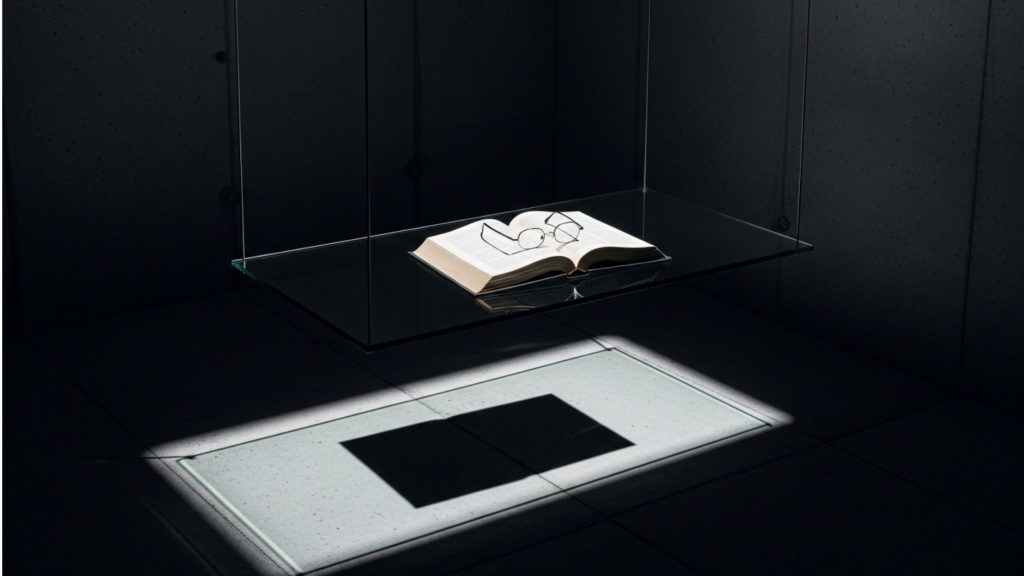 Livro aberto com óculos de leitura sobre uma mesa de vidro suspensa em um ambiente minimalista e escuro, simbolizando foco profundo e concentração.