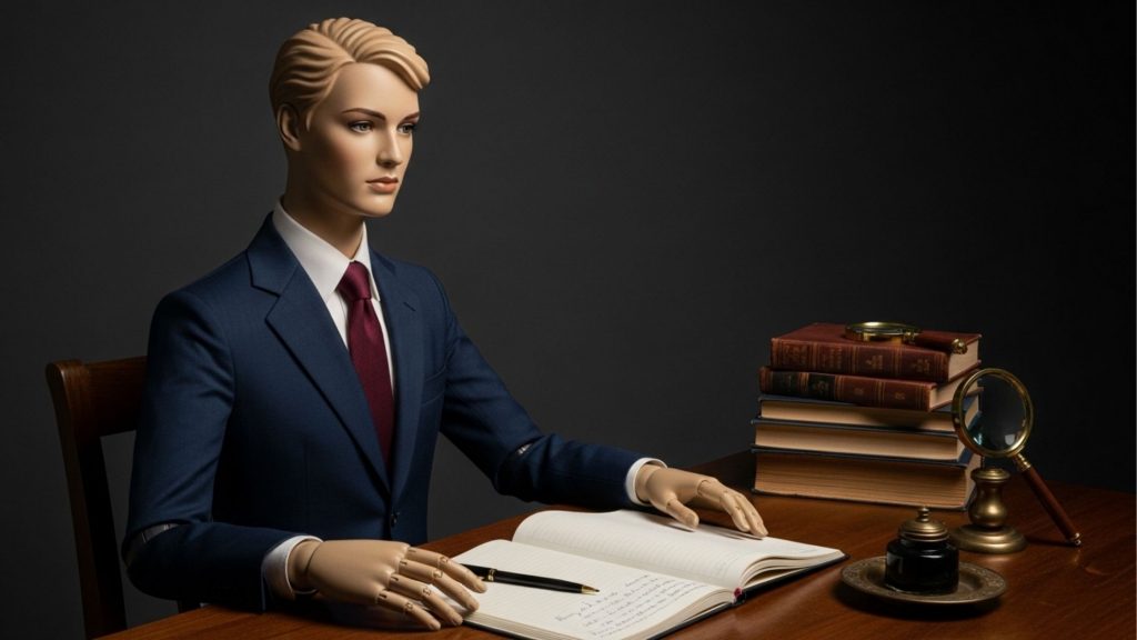 Manequim masculino vestindo terno e gravata sentado à mesa de madeira com livros antigos, pena e caderno, representando a rotina de estudos para concursos de alto nível.