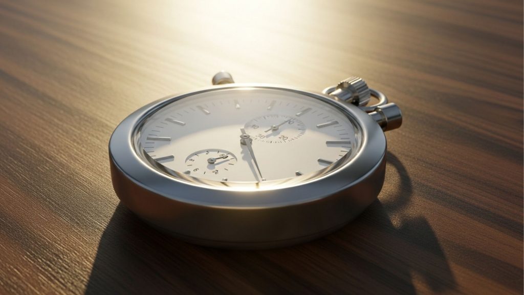 Cronômetro de prata sobre mesa de madeira iluminado pela luz solar, ideal para técnicas de produtividade e gestão de tempo nos estudos.