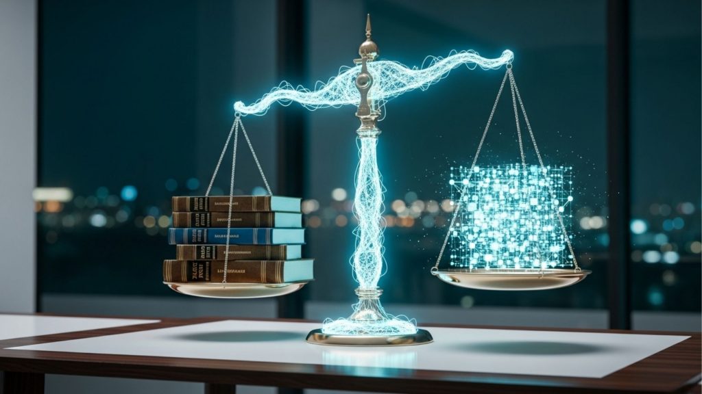 Imagem conceitual de uma balança da justiça sobre uma mesa de escritório, tendo como fundo uma cidade iluminada à noite através de uma janela. A estrutura da balança (haste central e braços) é formada por fios de energia luminosa e digital em tom azul-claro neon. O prato da esquerda segura uma pilha de livros jurídicos físicos e tradicionais com capas de couro. O prato da direita contém um cubo flutuante e brilhante formado por nós e conexões de dados digitais. A imagem simboliza o equilíbrio entre o estudo tradicional e a tecnologia.