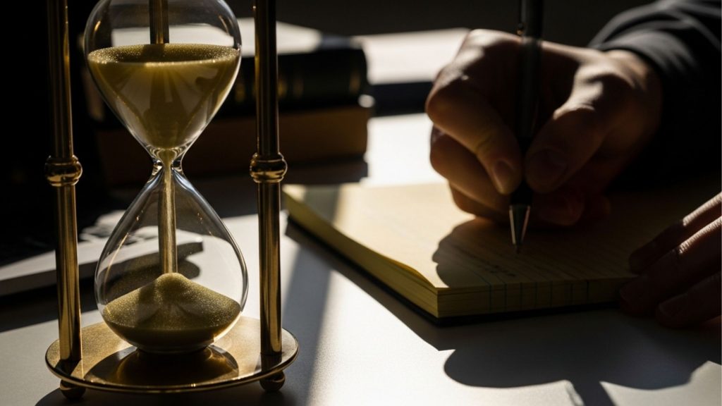 Fotografia em close com iluminação dramática e sombras marcadas, sugerindo o fim de tarde ou início da manhã. Em primeiro plano, à esquerda, destaca-se uma elegante ampulheta de metal dourado com areia escorrendo. À direita e ligeiramente desfocada, a mão de uma pessoa segura uma caneta, escrevendo ativamente em um bloco de notas pautado de folhas amarelas. O cenário transmite uma forte sensação de foco, concentração e gestão do tempo nos estudos.