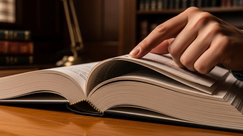 Close de mão apontando para página de um livro jurídico aberto em uma mesa de madeira.