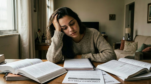 Mulher jovem com expressão de exaustão e desânimo sentada à mesa de estudos com diversos livros abertos e apostilas de concurso público.