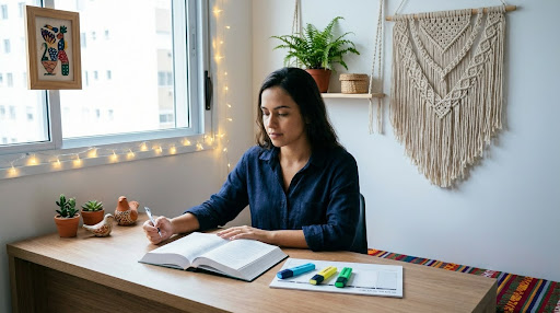 Estudante concentrada escrevendo em caderno em um ambiente organizado e iluminado, com livros, marca-textos coloridos e plantas sobre a mesa de madeira.