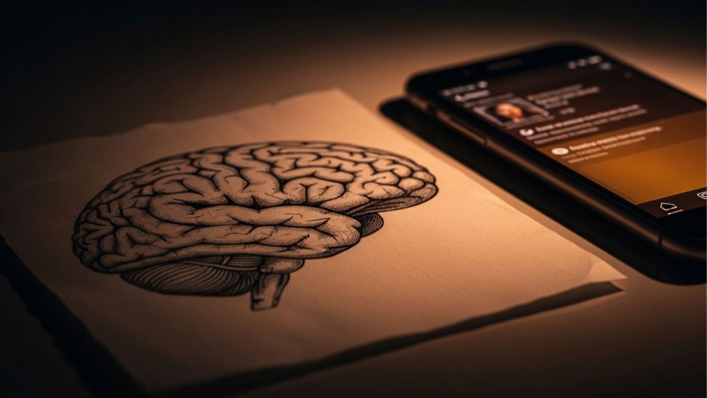 Um close-up dramático com iluminação âmbar quente e sombras profundas. Sobre uma superfície escura e texturizada, há uma folha de papel envelhecida com um desenho detalhado e monocromático a nanquim de um cérebro humano em corte lateral. Ao lado, à direita, um smartphone moderno repousa de lado, com a tela ligada, exibindo uma interface de mídia social escura e em grande parte desfocada, com fotos e texto indistinto. A cena evoca uma atmosfera introspectiva de conhecimento e tecnologia.