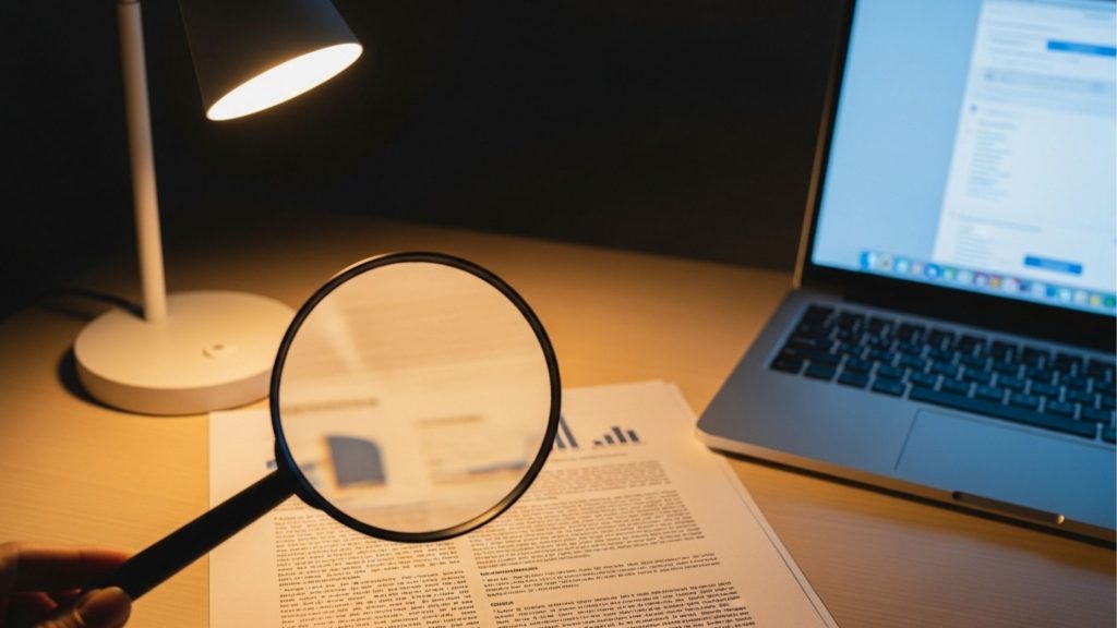 Uma fotografia noturna de uma mesa de trabalho de madeira. Uma luminária de mesa branca e acesa, posicionada à esquerda, foca sua luz quente diretamente sobre uma lupa de metal e vidro. Uma mão segura a lupa sobre um documento de papel impresso com texto denso e pequenos gráficos de barras. A lupa amplia uma seção do texto. Ao lado, à direita, um notebook aberto com a tela ligada exibe uma interface de site desfocada. O ambiente ao redor é escuro, enfatizando o foco na análise do documento.