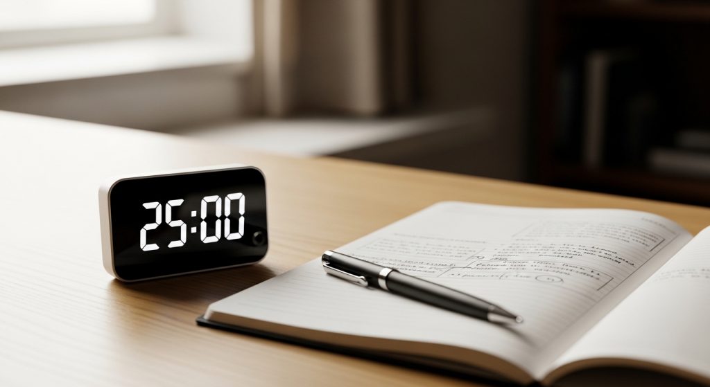 Cronômetro digital marcando 25 minutos ao lado de caderno aberto e caneta, exemplificando a técnica Pomodoro para estudar para concurso.
