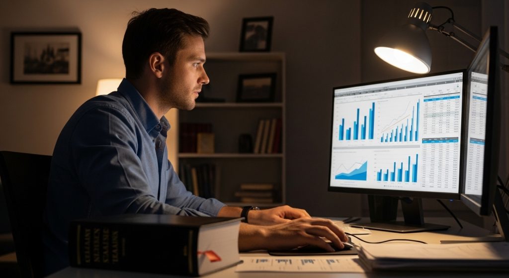 Homem analisando gráficos de desempenho em dois monitores durante estudo noturno para concurso público, com livros de direito na mesa.