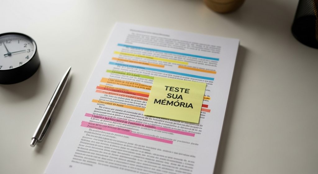 Página de estudo com diversas marcações coloridas em destaque e um post-it amarelo centralizado com a frase "Teste sua memória" ao lado de uma caneta e um relógio.