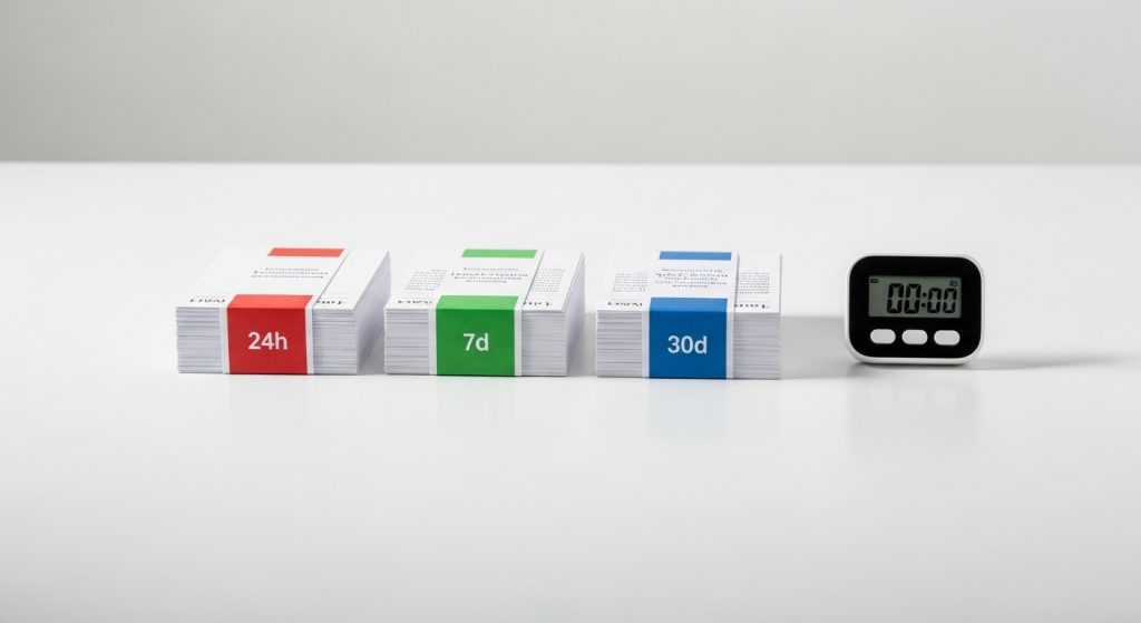 Três blocos de flashcards organizados para revisão espaçada com etiquetas coloridas de 24h, 7d e 30d ao lado de um cronômetro digital marcando zero.