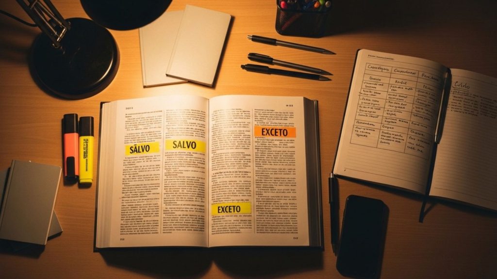 Visão superior de uma mesa de estudos com um livro jurídico aberto. No texto do livro, as palavras "SALVO" e "EXCETO" estão destacadas com marcador amarelo e laranja, cercadas por canetas e cadernos de anotação.