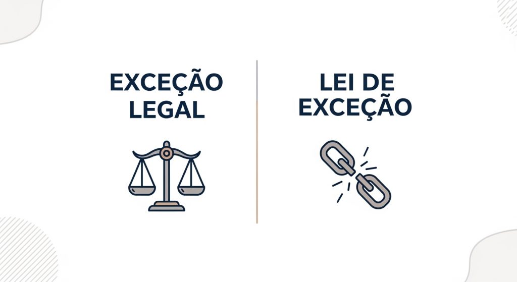 Infográfico comparativo com fundo claro. À esquerda, o termo "EXCEÇÃO LEGAL" acima de um ícone de balança. À direita, o termo "LEI DE EXCEÇÃO" acima de um ícone de elos de corrente se quebrando.