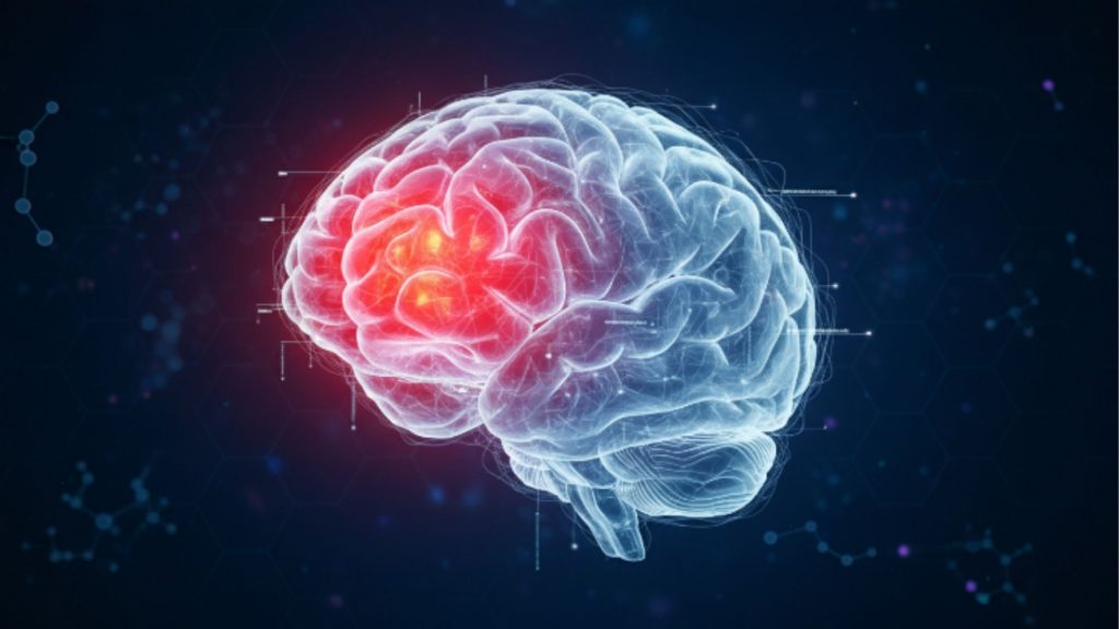 Ilustração digital 3D de um cérebro humano translúcido em tons de azul, flutuando em um fundo escuro com sutis conexões de rede e formas hexagonais. A parte frontal e superior do cérebro está iluminada de dentro para fora por um brilho vermelho intenso e difuso. A imagem é uma representação visual clara de sobrecarga cognitiva, fadiga mental, estresse ou do "cérebro fritando" devido ao excesso de informações.