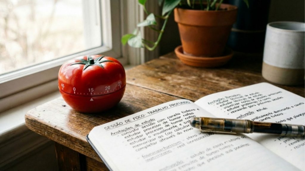 Fotografia de uma mesa rústica de madeira iluminada pela luz natural que entra por uma janela à esquerda. Em destaque, há um cronômetro vermelho em formato de tomate, característico da Técnica Pomodoro. Ao lado dele, um caderno aberto mostra anotações manuscritas com o título "SESSÃO DE FOCO: TRABALHO PROFUNDO", com uma caneta-tinteiro transparente e elegante apoiada sobre as páginas. Ao fundo, desfocados, um vaso de cerâmica com uma planta verde e um copo. A imagem transmite uma sensação de organização, foco e gestão de tempo.