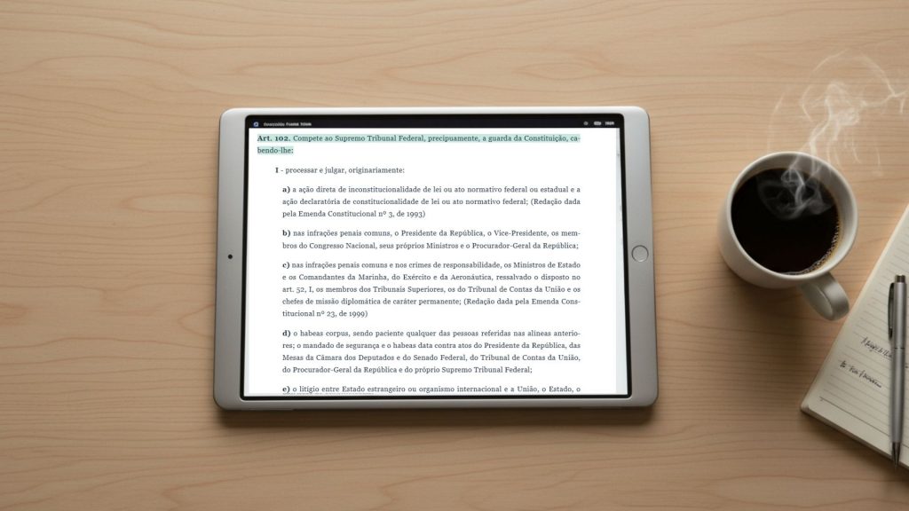Visão aérea de um tablet exibindo o Artigo 102 da Constituição Federal Brasileira sobre uma mesa de madeira, ao lado de uma xícara de café quente e um caderno de notas.