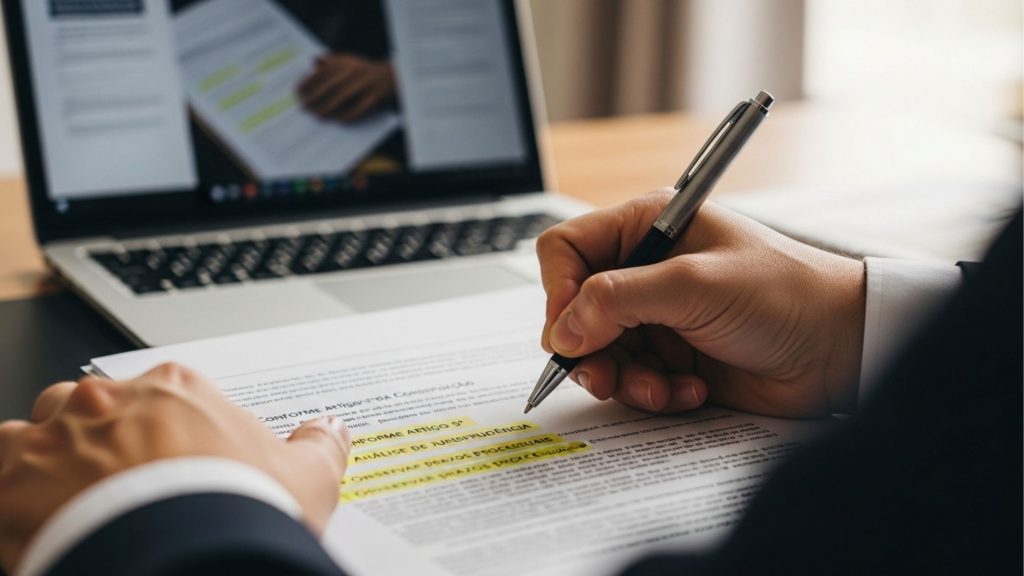 Mão de estudante de direito grifando pontos importantes em legislação impressa com caneta, tendo um notebook ao fundo exibindo jurisprudência.