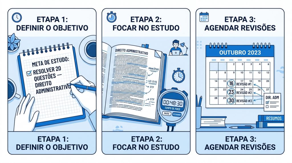 Infográfico explicativo sobre microplanejamento em três etapas: 1. Definir o objetivo (resolver 20 questões de Direito Administrativo); 2. Focar no estudo (leitura com cronômetro); 3. Agendar revisões em um calendário mensal.