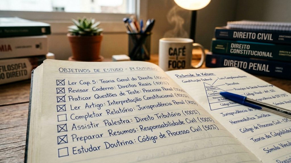 Visão em primeira pessoa de um caderno de estudos aberto com checklist de objetivos diários, como leitura de Teoria Geral do Direito e Processo Penal. Ao fundo, livros de Direito Civil e Constitucional, uma xícara de café e um cacto.