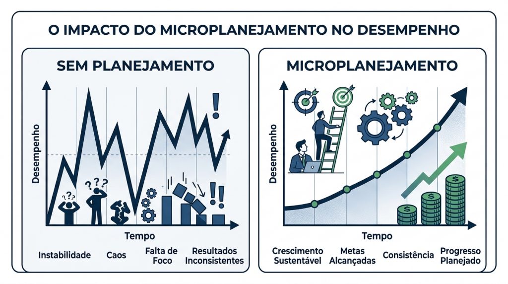 Gráfico comparativo sobre o impacto do microplanejamento no desempenho. À esquerda, o cenário "Sem Planejamento" mostra instabilidade e caos. À direita, o "Microplanejamento" mostra crescimento sustentável, metas alcançadas e consistência ao longo do tempo.