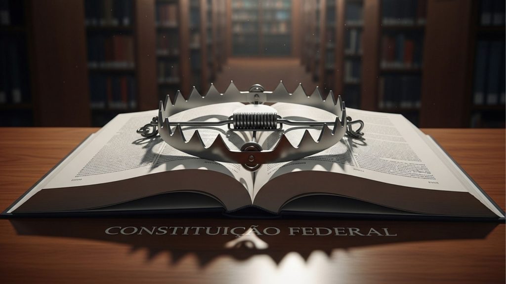 Uma armadilha de urso de metal aberta sobre um livro da Constituição Federal Brasileira em uma biblioteca. Representação visual das "pegadinhas" jurídicas e armadilhas legislativas em exames oficiais.