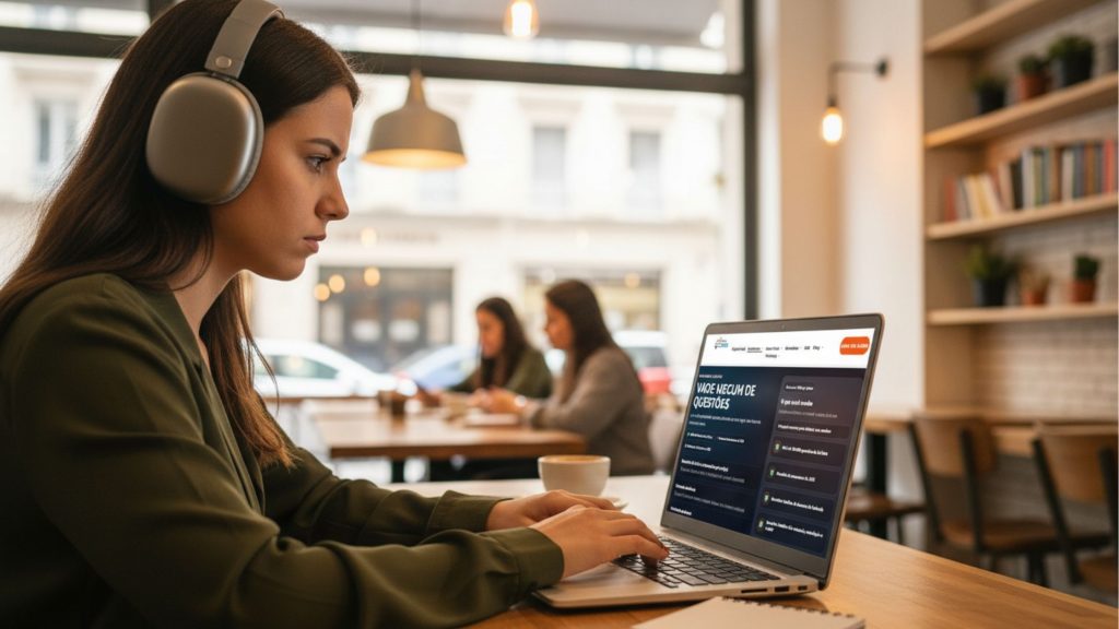 Mulher jovem com fones de ouvido estudando em um notebook dentro de uma cafeteria. A tela exibe um portal de questões de concursos com o título "Vade Mecum de Questões", focada na preparação para provas.
