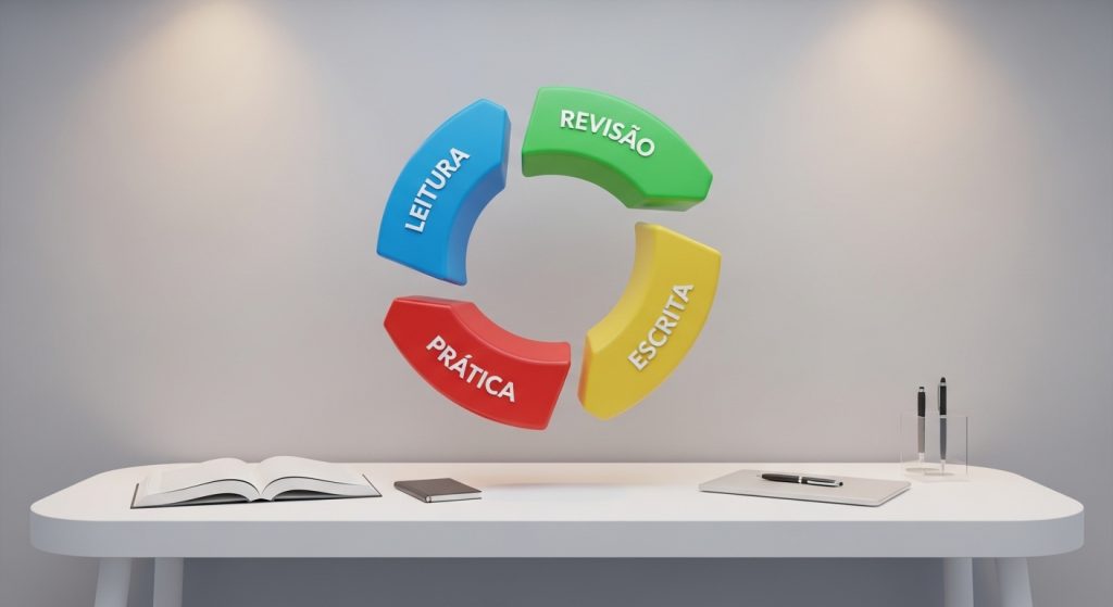 Diagrama circular 3D sobre uma mesa branca apresentando as quatro etapas de um plano de estudos eficiente: Leitura (azul), Revisão (verde), Escrita (amarelo) e Prática (vermelho).